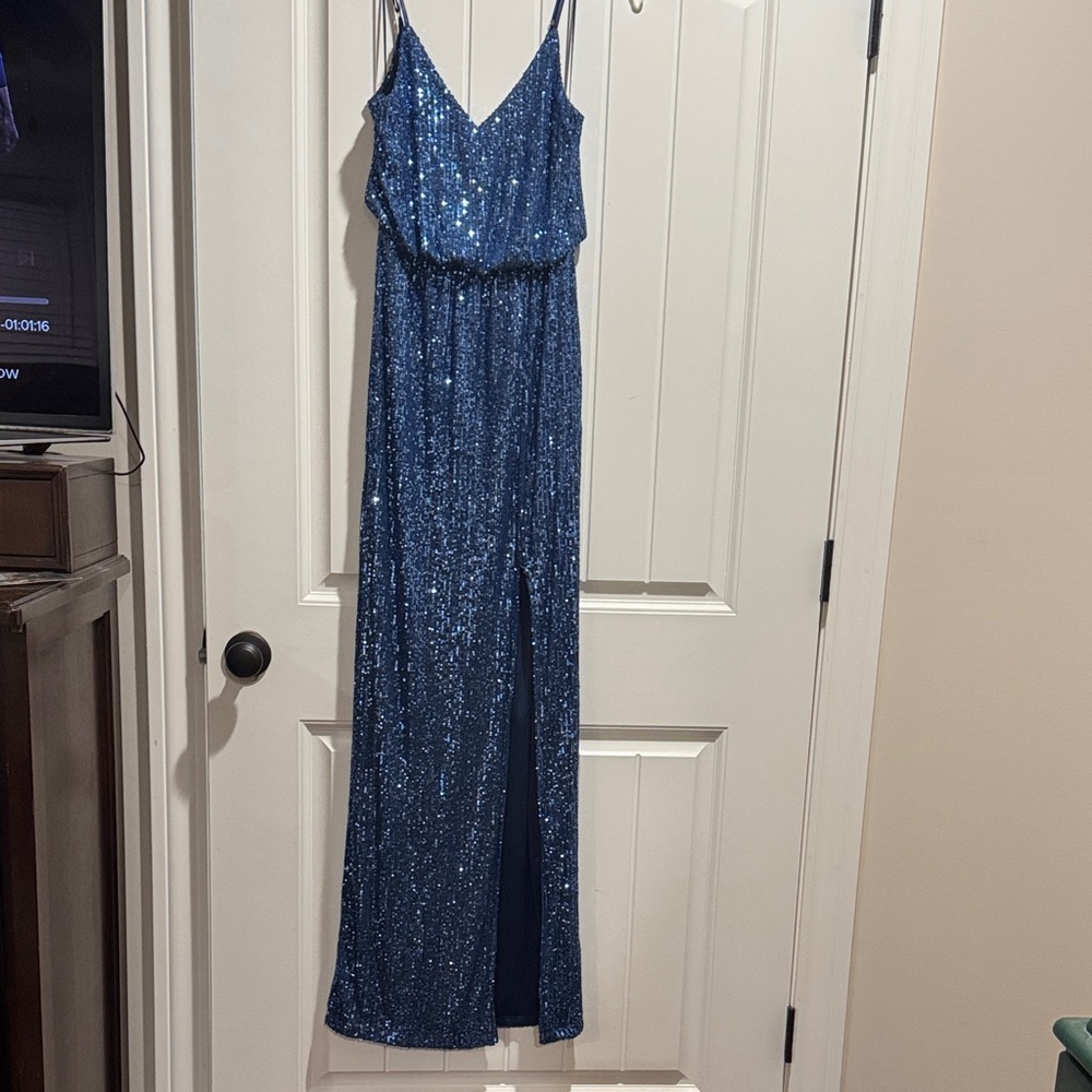 Blue Sequin Spaghetti-Strap Evening Dress